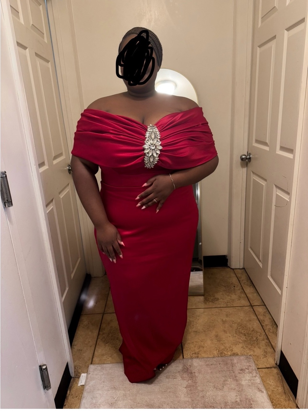 Off-Shoulder Red Evening Gown with jeweled detail